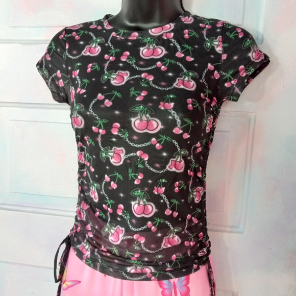 Dolls Kill Tops - SOLD! Dolls Kill cherries ruched baby doll top! Sheer mesh kawaii cute nwt top!